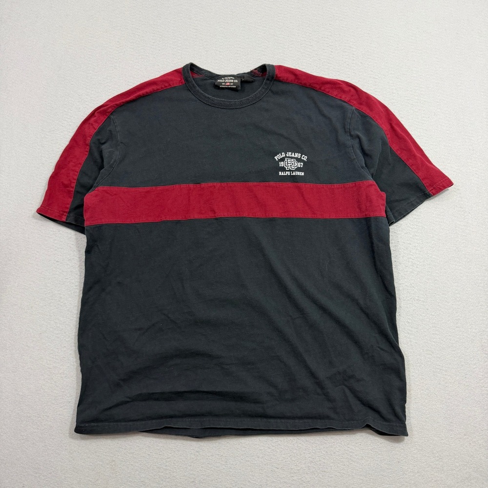 Vintage Polo Jeans Co Shirt XXL Black Red Stripe Ralph Lauren Logo Short Sleeve